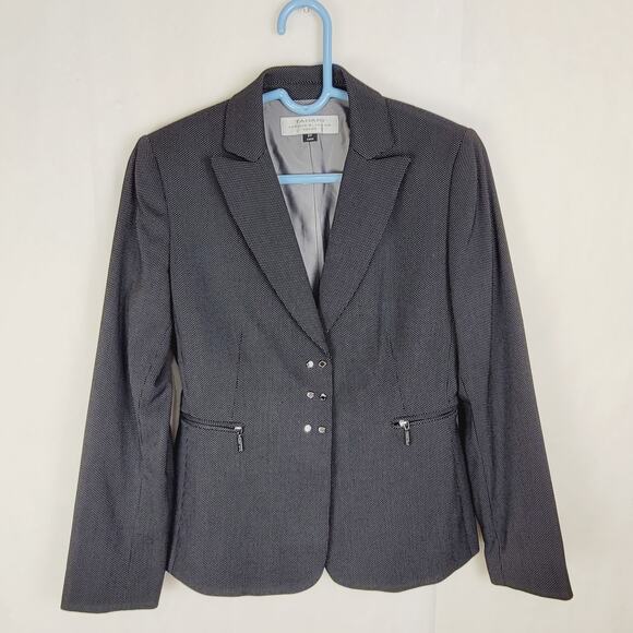 Tahari ASL black micro dot snap button blazer Size 2P Old Money Officecore - Picture 1 of 9